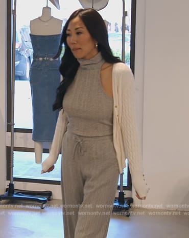 Katie’s gray knit halter top and pants on The Real Housewives of Orange County
