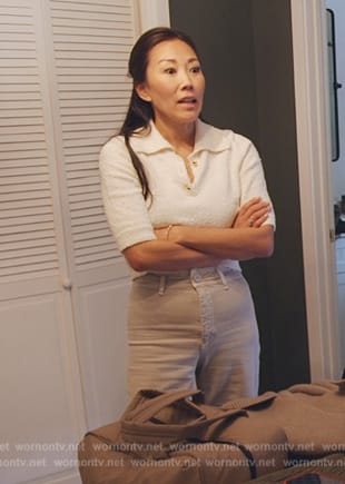 Katie’s beige cardigan and knit top on The Real Housewives of Orange County