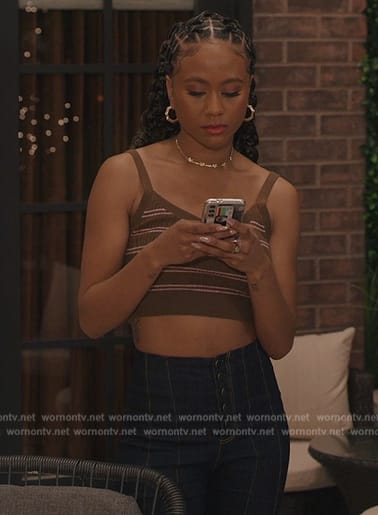 Keisha’s brown stripe cropped top on All American Homecoming