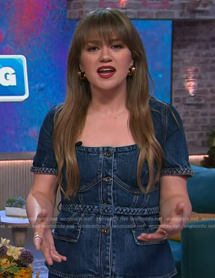 Kelly’s denim belted peplum dress on The Kelly Clarkson Show