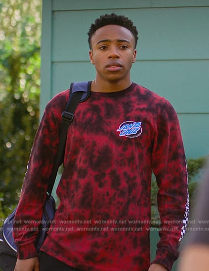Kenny’s black and red printed long sleeve tee on Cobra Kai