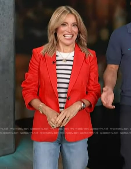 Kit’s red ruched sleeve blazer on Access Hollywood