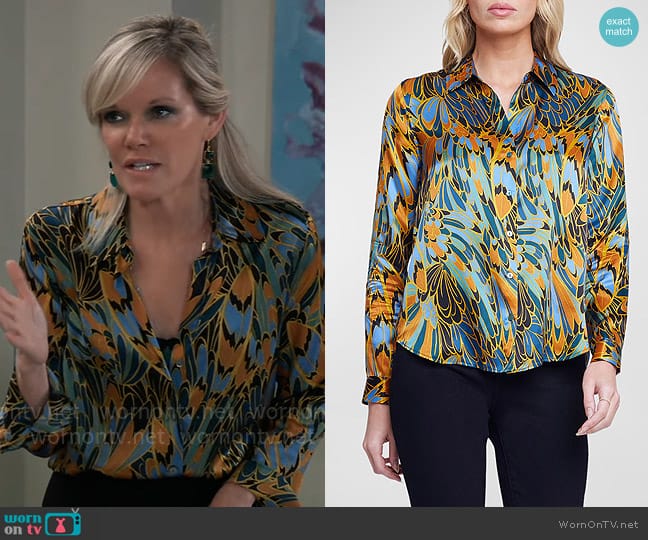 L'Agence Tyler Blouse in Blue Multi Parrot Feather worn by Ava Jerome (Maura West) on General Hospital