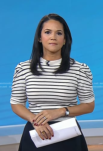 Laura Jarrett’s white striped puff sleeve top on Today