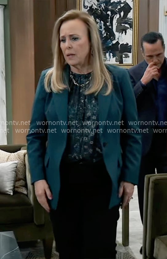 Laura’s green printed blouse and green blazer on General Hospital