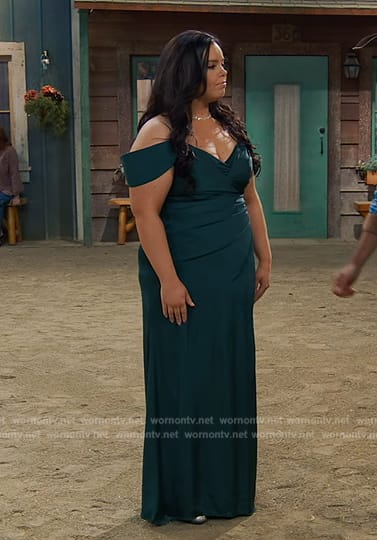 Lou’s teal satin maxi dress on Bunkd