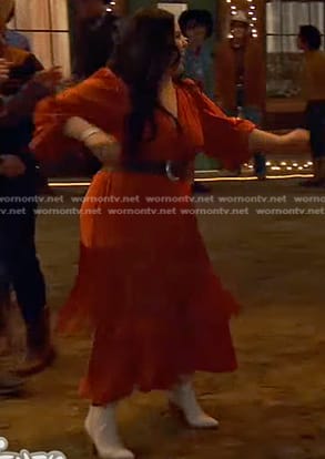 Lou’s orange fringed wrap dress on Bunkd