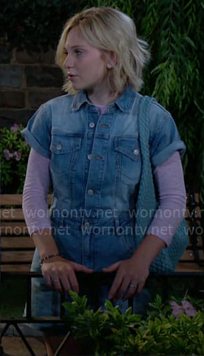 Lucy’s denim romper and pink striped top on The Young and the Restless