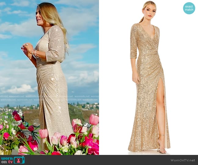 Mac Duggal Sequined Draped 3/4 Sleeve Gown in Light Gold worn by Trista Sutter on The Bachelorette