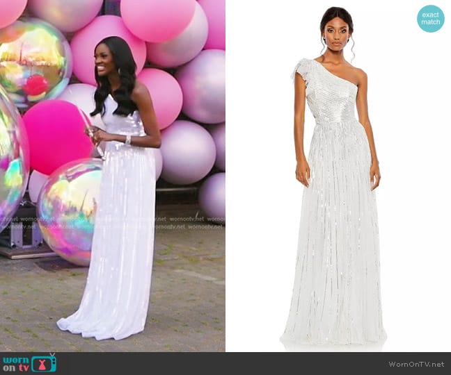Mac Duggal Sequined One Shoulder Flutter Sleeve A-line Gown in White worn by Charity Lawson on The Bachelorette