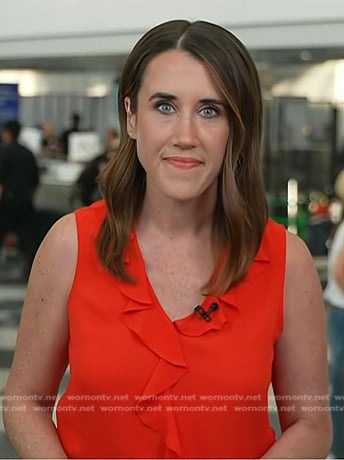 Maggie’s red ruffle front sleeveless top on Today