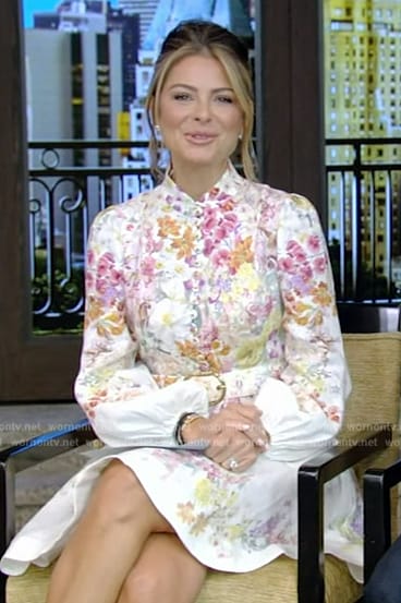 Maria Menounos’s white floral print mini dress on Live with Kelly and Mark