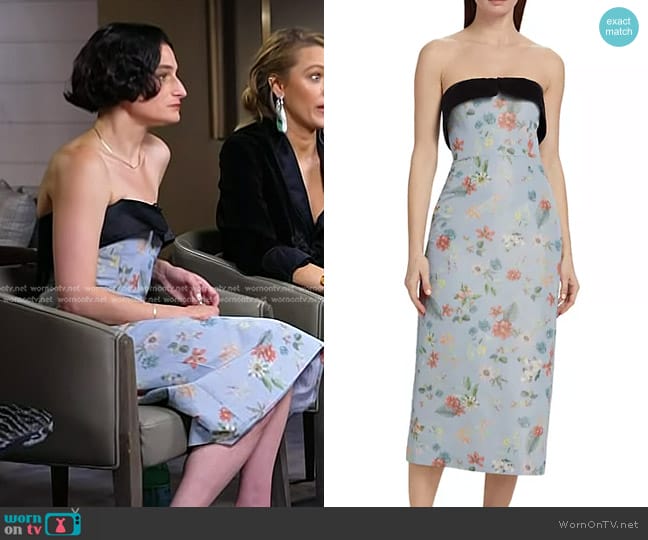 Markarian Alondra Strapless Column Cocktail Dress in Dusty Blue Floral worn by Jenny Slate on Today