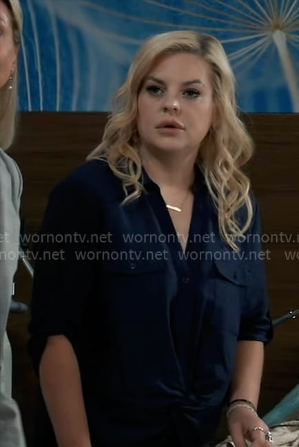 Maxie’s navy buttoned shirt with knotted hem on General Hospital