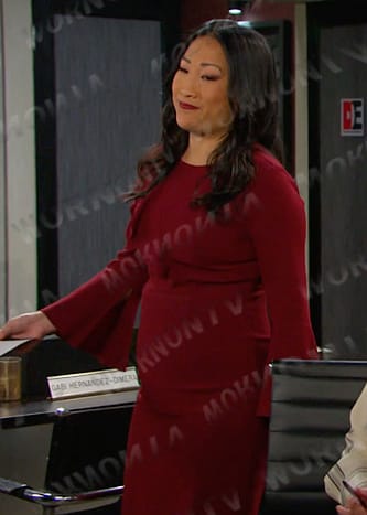 Melinda’s maroon ruffle front dress on Days of our Lives