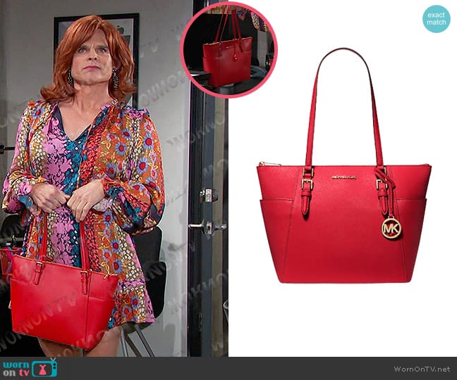 Michael Kors Charlotte Large Saffiano Leather Top-Zip Tote Bag in Red worn by Leo Stark (Greg Rikaart) on Days of our Lives