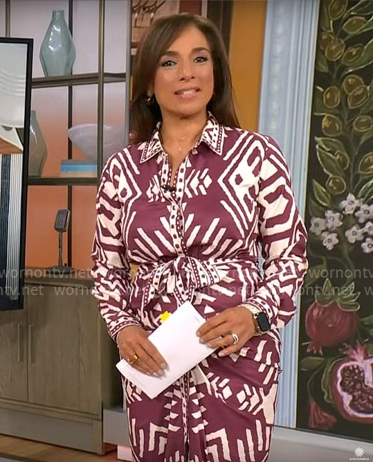 Michelle Miller’s purple and white printed shirtdress on CBS Mornings