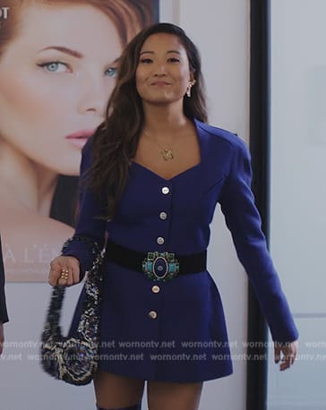 Mindy’s blue button front mini dress on Emily in Paris