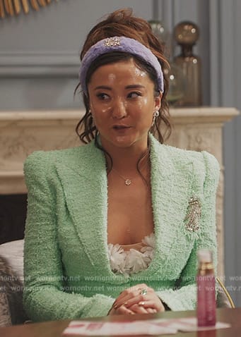 Mindy’s green tweed blazer on Emily in Paris