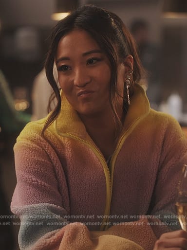 Mindy’s rainbow fleece jacket on Emily in Paris