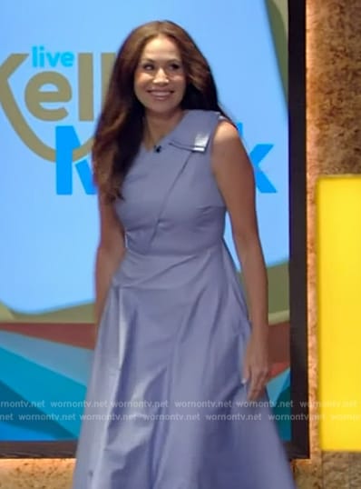 Minnie Driver’s blue sleeveless flare dress on Live with Kelly and Mark