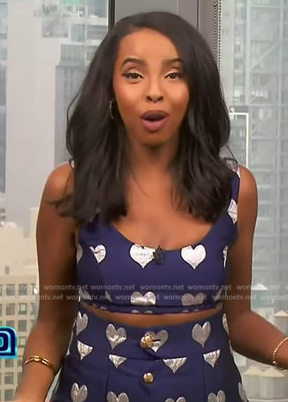 Mona’s blue metallic heart top and skirt on Extra