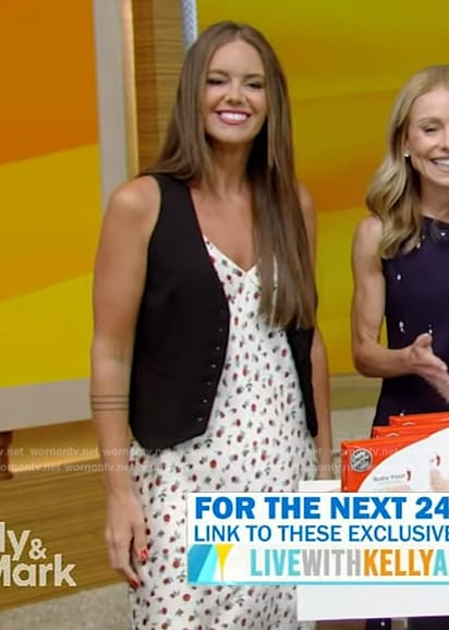 Monica Mangin’s white floral print dress and vest on Live with Kelly and Mark