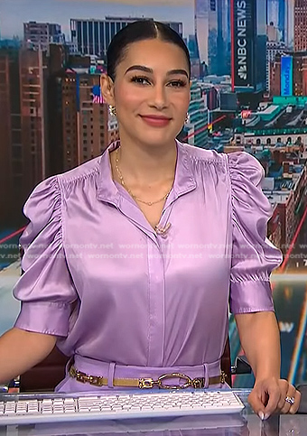 Morgan’s lilac puff sleeve satin top on NBC News Daily