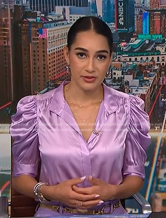 Morgan’s lilac puff sleeve satin top on NBC News Daily