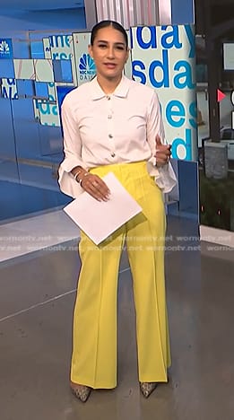 Morgan’s jewel button blouse and yellow flare pants on NBC News Daily