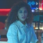 Nadia’s white short sleeve denim jumpsuit on Elite