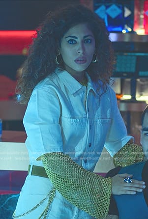 Nadia’s white short sleeve denim jumpsuit on Elite