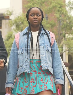 Naima’s blue face embroidered skirt on Reasonable Doubt