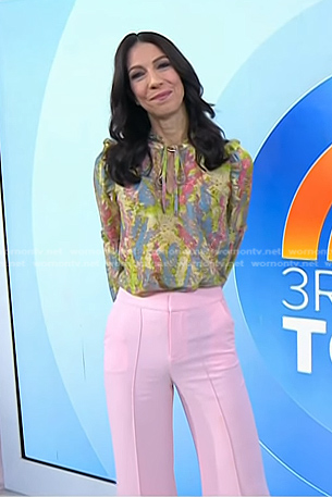 Natalie’s printed blouse and pink wide-leg pants on Today