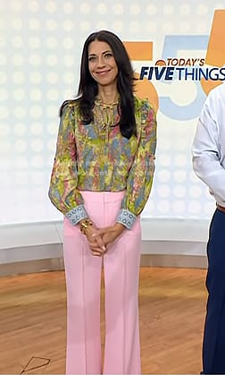 Natalie’s printed blouse and pink wide-leg pants on Today