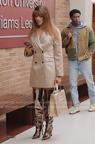 Nathaniel’s satin coat and metallic boots on All American Homecoming