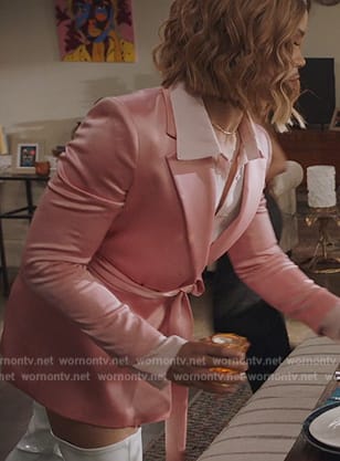 Nathaniel’s pink satin belted blazer on All American Homecoming