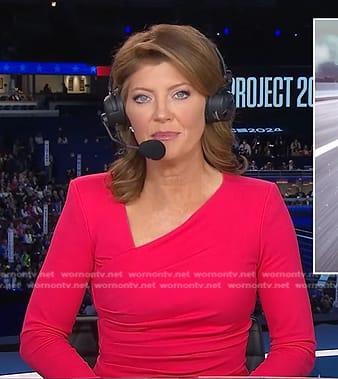 Norah’s asymmetric neckline gathered dress on CBS Evening News