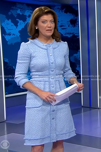 Norah’s blue button front tweed dress on CBS Evening News