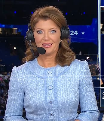 Norah’s blue button front tweed dress on CBS Evening News