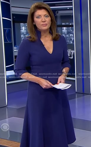 Norah’s blue v-neck midi dress on CBS Evening News