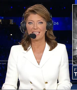 Norah’s white double breasted knit blazer on CBS Evening News