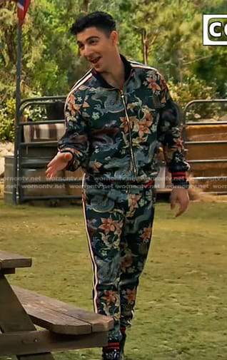 Parker’s green dragon and floral print track suit on Bunkd