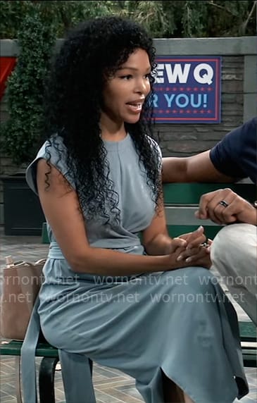Portia’s blue wraparound waist dress on General Hospital