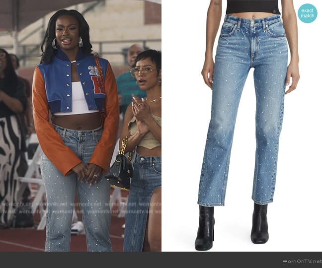 Rag & Bone Harlow Rhinestone Straight Leg Jeans worn by Hilary Banks (Coco Jones) on Bel-Air