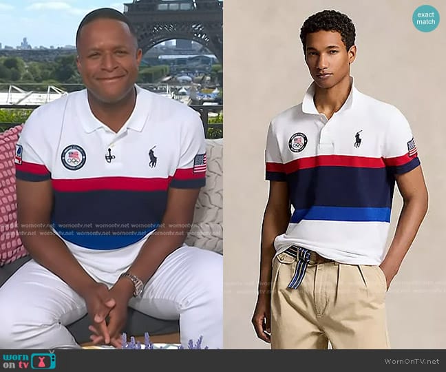 Polo Ralph Lauren Team USA Custom Slim Fit Polo Shirt in White Multi worn by Craig Melvin on Today