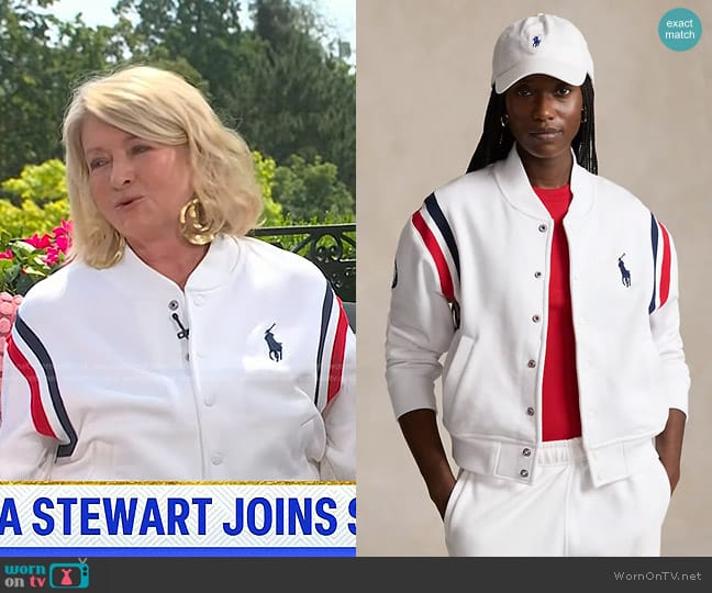 Polo Ralph Lauren Team USA Fleece Baseball Jacket in Ceramic White worn by Martha Stewart on Today
