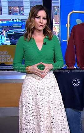Rebecca’s green polo top and white floral skirt on Good Morning America