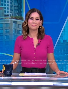 Rebecca’s pink ribbed button front top on Good Morning America