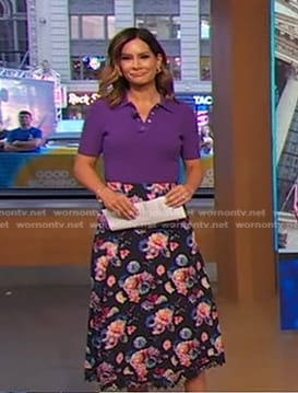 Rebecca’s purple ribbed polo top and floral skirt on Good Morning America